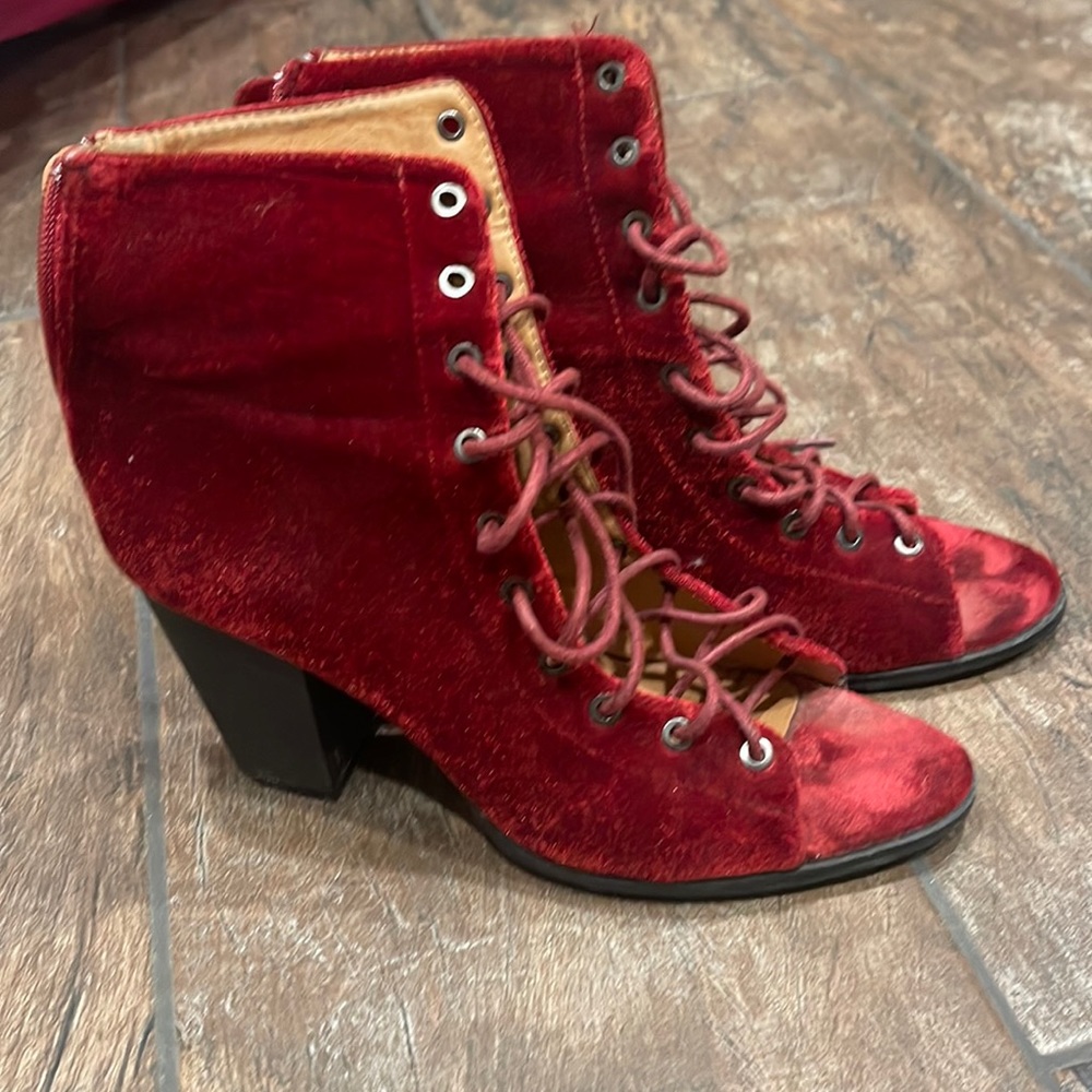 Red velvet lace up booties